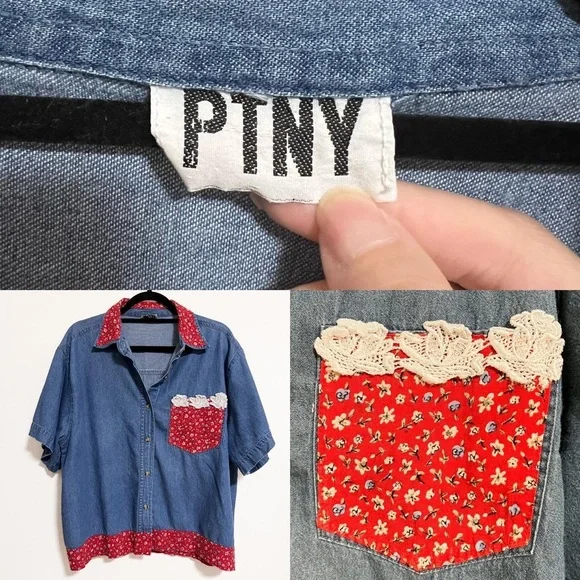 Vintage PTNY Denim Chambray and Calico Short Sleeve Button Up Blouse - Picture 4 of 4
